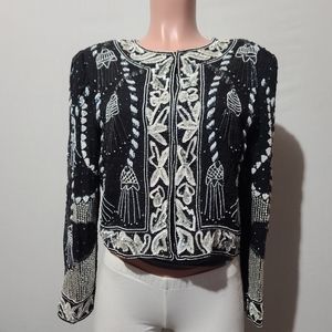 Laurence Kazar M Vintage Black & White Beaded Sequin Embellished Evening Ja